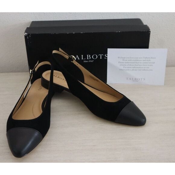 Talbots Women's Sz 11M Black Edison Suede Nappa Cap Toe Slingback Flats - Picture 1 of 14